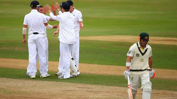 Simon Kerrigan of the England Lions celebrates after taking the wicket of David Warner of Australia on the second day of the tour match. Kerrigan has been included in the fifth Test squad.