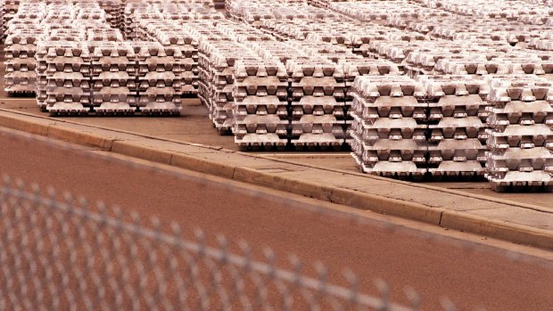 Aluminium Ingots stored at the Tomago aluminium smelter, near Newcastle.