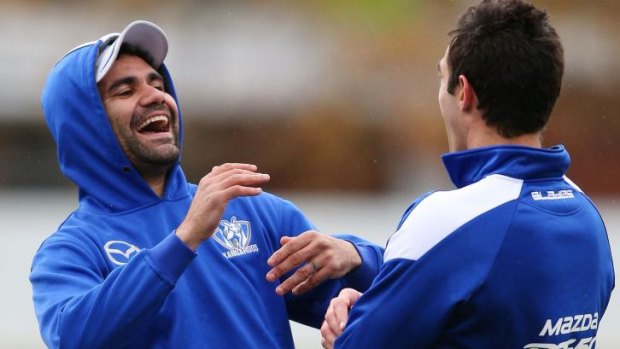 Kanga capers: Lindsay Thomas  (left) and Michael Firrito share a laugh at training. 