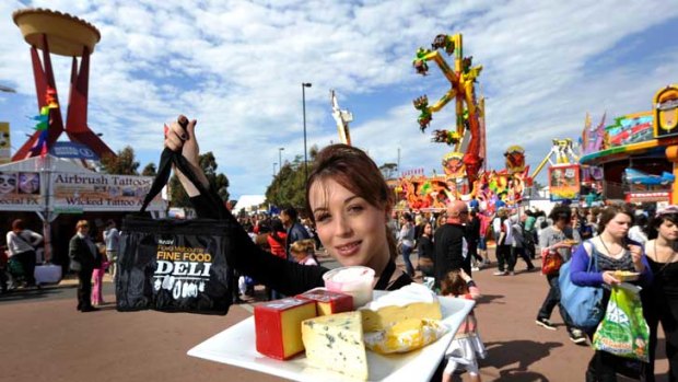 Ditching the junk: Jasmine Price holds up a $20 gourmet showbag at the Royal Melbourne Show.