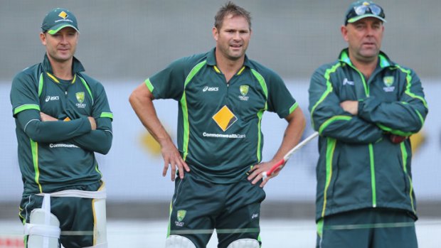 On a roll: Michael Clarke, Ryan Harris and Darren Lehmann at Australia's Christmas nets session at the MCG.