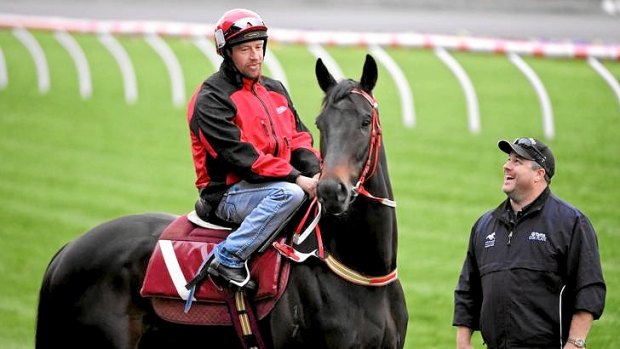 Trainer Stephen Farley (right) keeps a close eye on Sincero during trackwork this week.