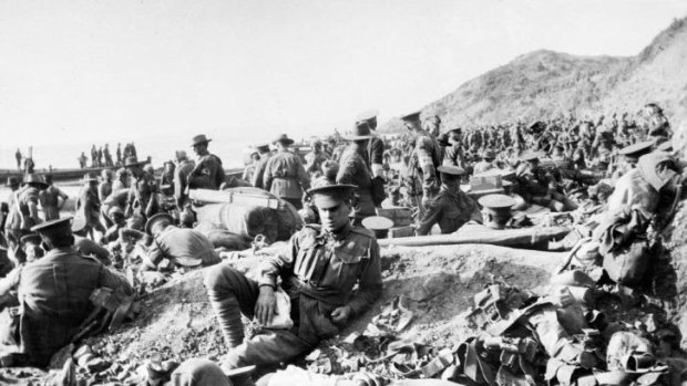 Australian soldiers on the beach  at Gallipoli on the day of the  landing