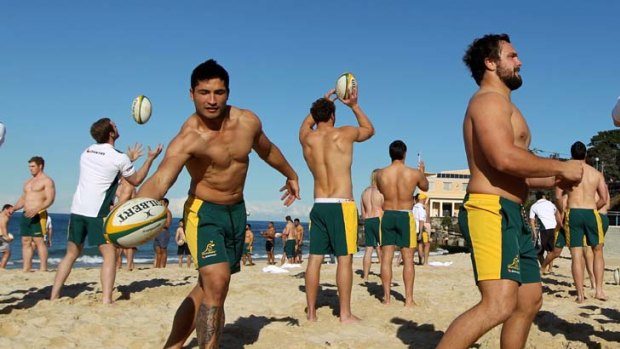 Beach ball &#8230; Wallabies players at a recovery session in Coogee yesterday, following their humiliating loss to Samoa on Sunday.