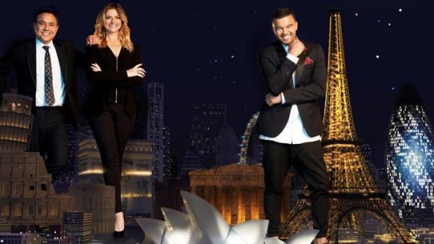 <i>Eurovision</i> hosts Sam and Julia and Australian contestant Guy Sebastian.