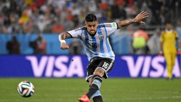 Marcos Rojo in action during Argentina's World Cup semi-final match against The Netherlands.