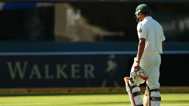Test candidate Usman Khawaja trudges off after getting a first-ball duck for Australia A.