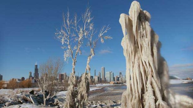 High winds and frigid temperatures produce  ice sculptures along Chicago's lake shore.