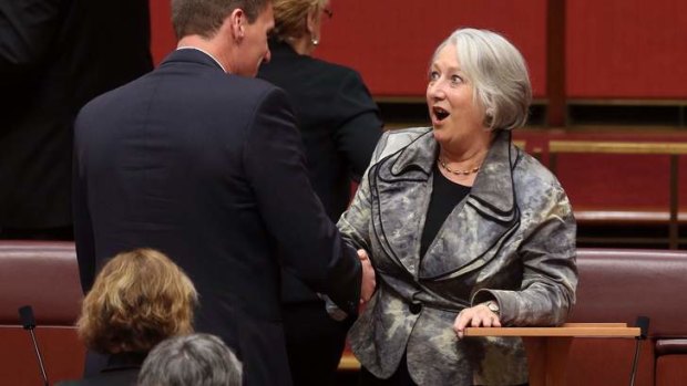 Senate farewell: Cory Bernardi congratulates fellow senator Sue Boyce after her speech.