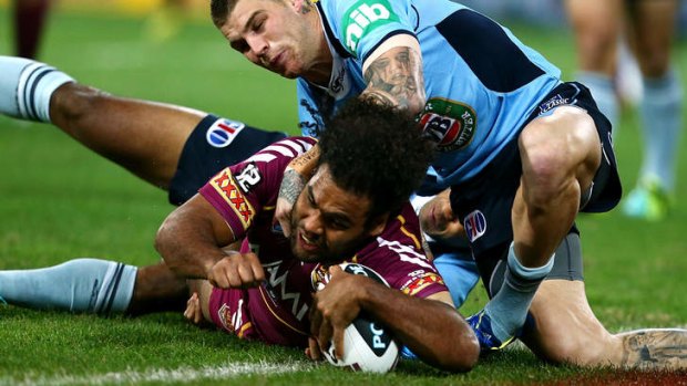 Try time: Sam Thaiday scores for Queensland in the second state-of-origin clash.