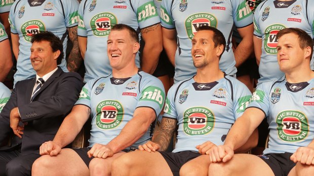 Laurie Daley, Paul Gallen and Mitchell Pearce at the New South Wales Blues State of Origin team photo at Revesby Workers Club.