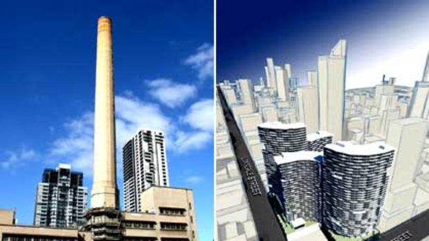 '2500 apartments' ... the Lonsdale Street power station chimney before its demolition (left) and the developer's plans for the site (right).