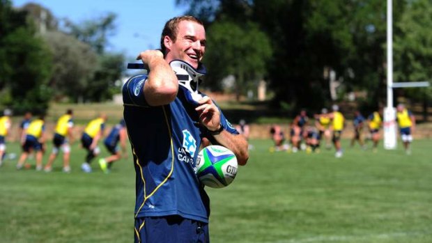 Brumbies player Pat McCabe finally takes his neck brace off.