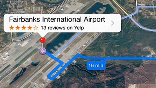 Apple Maps originally offered this dangerous route to the airport in Fairbanks.