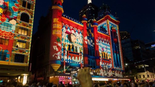 Flinders Street illuminated by lights at White Night Festival, Melbourne.