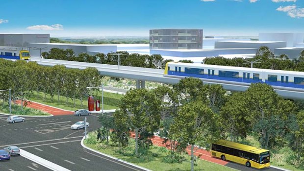 An artist's impression of a North West Rail Link skytrain arriving at Rouse Hill Station.