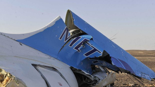 The tail of the Russian Metrojet plane that crashed in Hassana, Egypt on Saturday.