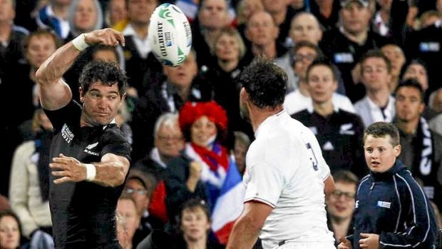Stephen Donald passes the during the 2011 World Cup final against France.