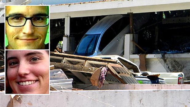 Waves of devastation ... a car is seen inside a building after a tsunami hit Pago Pago and (inset) Matthew Leal and Erica Wales.