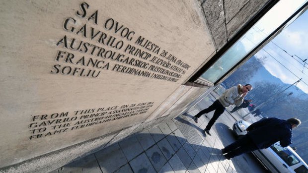 A plaque on the street corner where Serbian nationalist Gavrilo Princip assassinated Austro-Hungarian heir to the throne Archduke Franz Ferdinand.