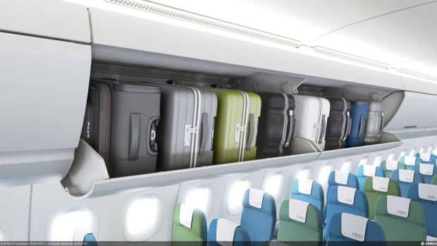 The overhead bins on the A320neo have been redesigned to pivot down from the ceiling, increasing the volume 10 per cent over the previous overhead bin.