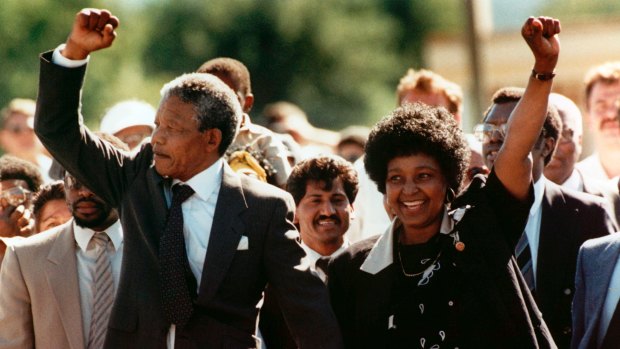 Nelson Mandela and wife Winnie after his release from Victor Prison, Cape Town.