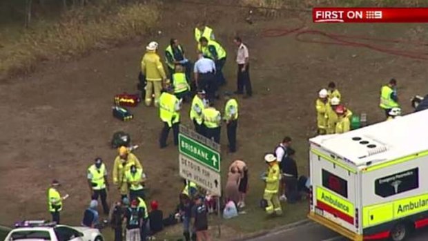 Emergency workers at the scene of the bus crash in Burpengary.