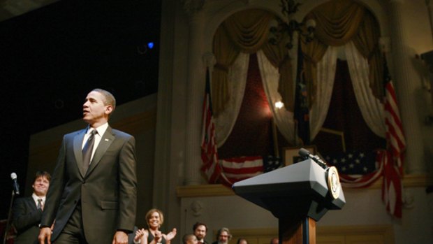 Stage set ... Barack Obama beside the balcony in the Ford Theatre where former Abraham Lincoln was assassinated in 1865.