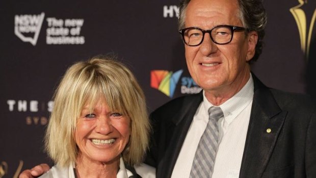 Margaret Pomeranz and Geoffrey Rush on the red carpet for the 2015 AACTA Awards.