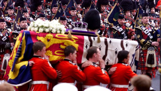 The funeral of the Queen Mother in 2002. Lady Thatcher's will follow the same ceremonies.