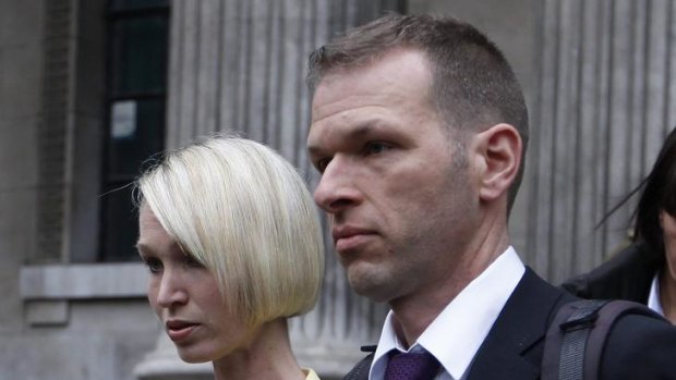 Ceri Subbe, the sister of British MI6 agent Gareth Williams, leaves Westminster Coroner's Court with her husband Chris Subbe.