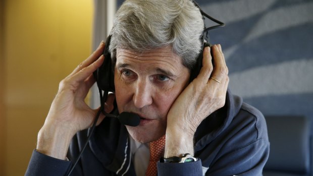 US Secretary of State, John Kerry, on his plane en route to Vienna on Saturday.