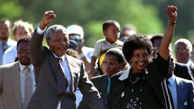 Long march to freedom ... Nelson Mandela and his then wife Winnie leave Victor Verster Prison near Cape Town in 1990.
