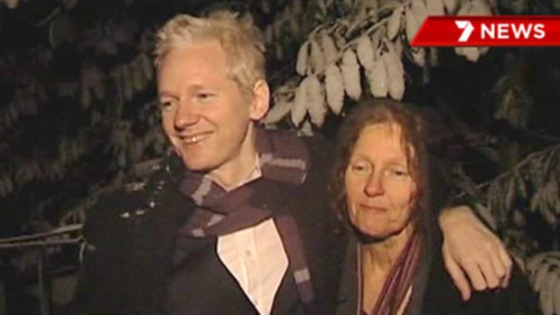 Happy to be reunited ... Julian Assange and his mother after his release from prison in London.