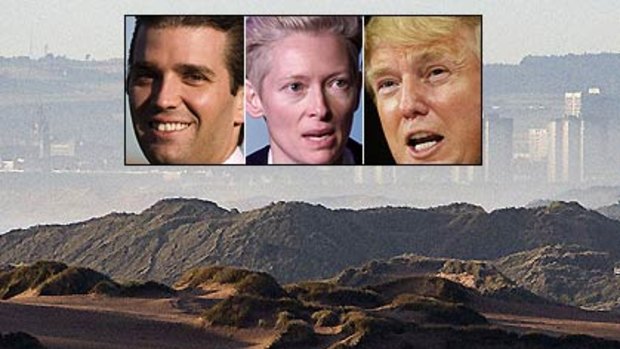 Controversy ... Donald Trump, inset right, is building a golf course in Scotland. Donald Trump Junior, inset left, described the protesters, who include actress Tilda Swinton, inset centre, as "teenage people".