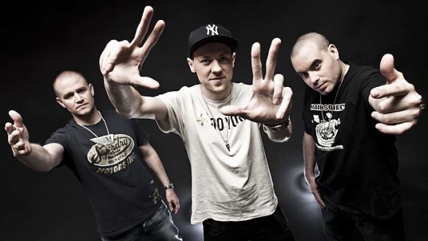 Luck and timing &#8230; despite many years of struggle, the Hilltop Hoods - featuring, from left, Dan Smith (MC Pressure), Matt Lambert (MC Suffa), Baz Francis (DJ Debris) - have become one of Australia's most prominent bands.