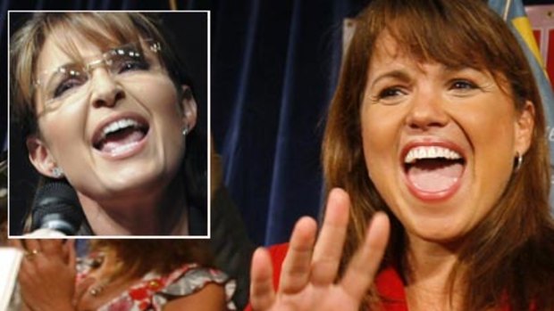 Victor ...  Christine O'Donnell, a fundamentalist Christian and strident opponent of masturbation, celebrates on Tuesday. Inset, Sarah Palin.