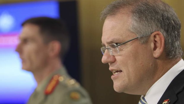 Minister for Immigration Scott Morrison, with Operation Sovereign Borders Commander, Lieutenant General Angus Campbell.