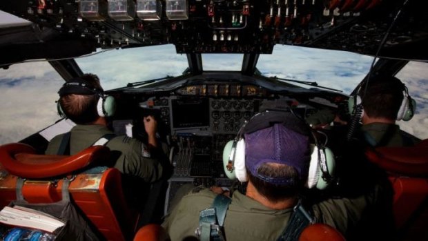An RAAF AP-3C Orion searches for debris from missing Malaysia Airlines flight MH370.