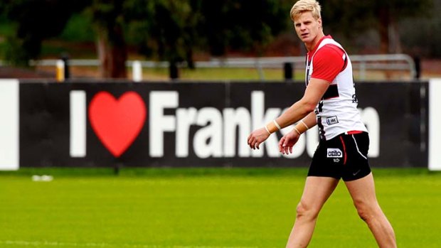 Watts' opponent?: St Kilda captain Nick Riewoldt at training yesterday in Seaford.