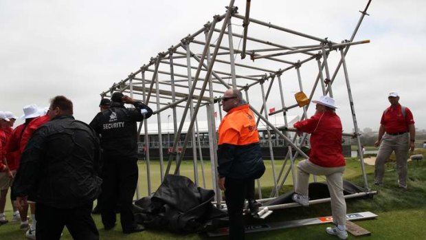 Play suspended ... TV scaffolding collapses on the 18th hole.