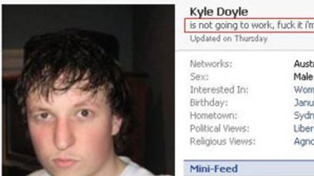 Facecrook: Kyle Doyle was busted chucking a sickie through his Facebook.