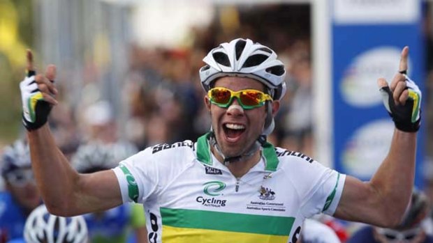 Australian Michael Matthews shows his elation at winning the under-23 road race championship in Geelong.