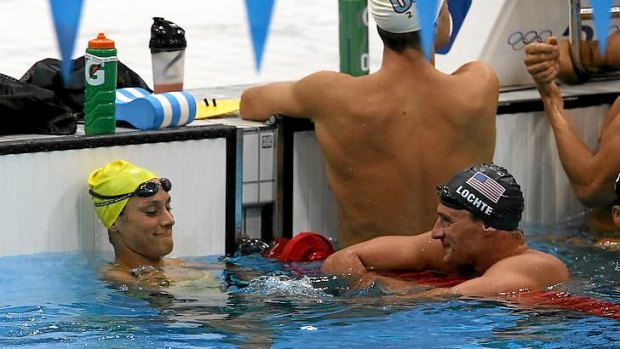 Australia's Blair Evans (left) and America's Ryan Lochte share a moment in the training pool.
