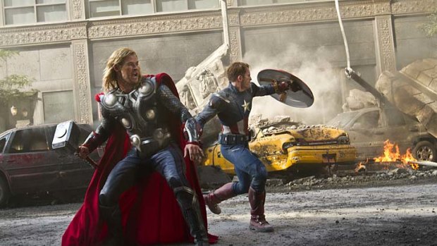 Chris Hemsworth as Thor and Chris Evans as Captain America in <i>The Avengers</i>.