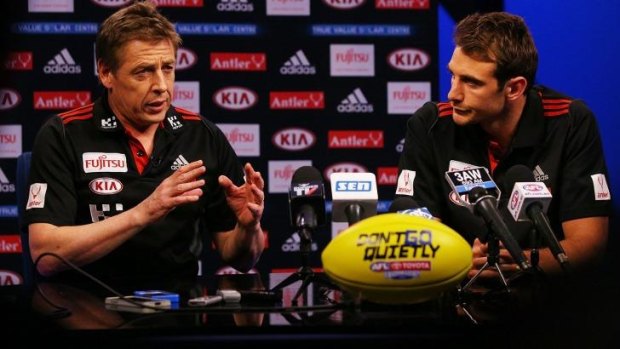Mark Thompson and Essendon captain Jobe Watson speak to the media at the launch of the AFL finals on Monday.