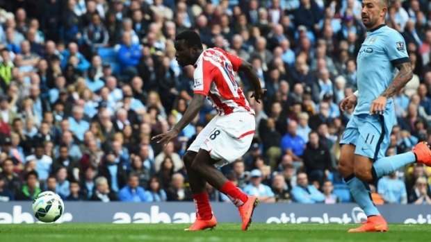Mame Biram Diouf of Stoke City scores the winning goal against Manchester City.