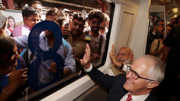 Australian Prime Minister Malcolm Turnbull and Indian Prime Minister Narendra Modi travelled on the Delhi Metro Blue Line in New Delhi. 