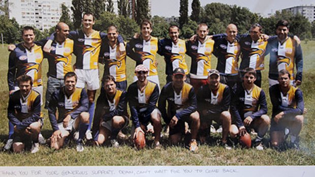 Croation AFL team The Eagles, wearing footy guernsey's gifted by the West Coast Eagles.