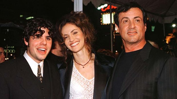 Sage Stallone with Amy Brenneman and Sylvester Stallone at the premiere of the 1996 film <i>Daylight</i>.